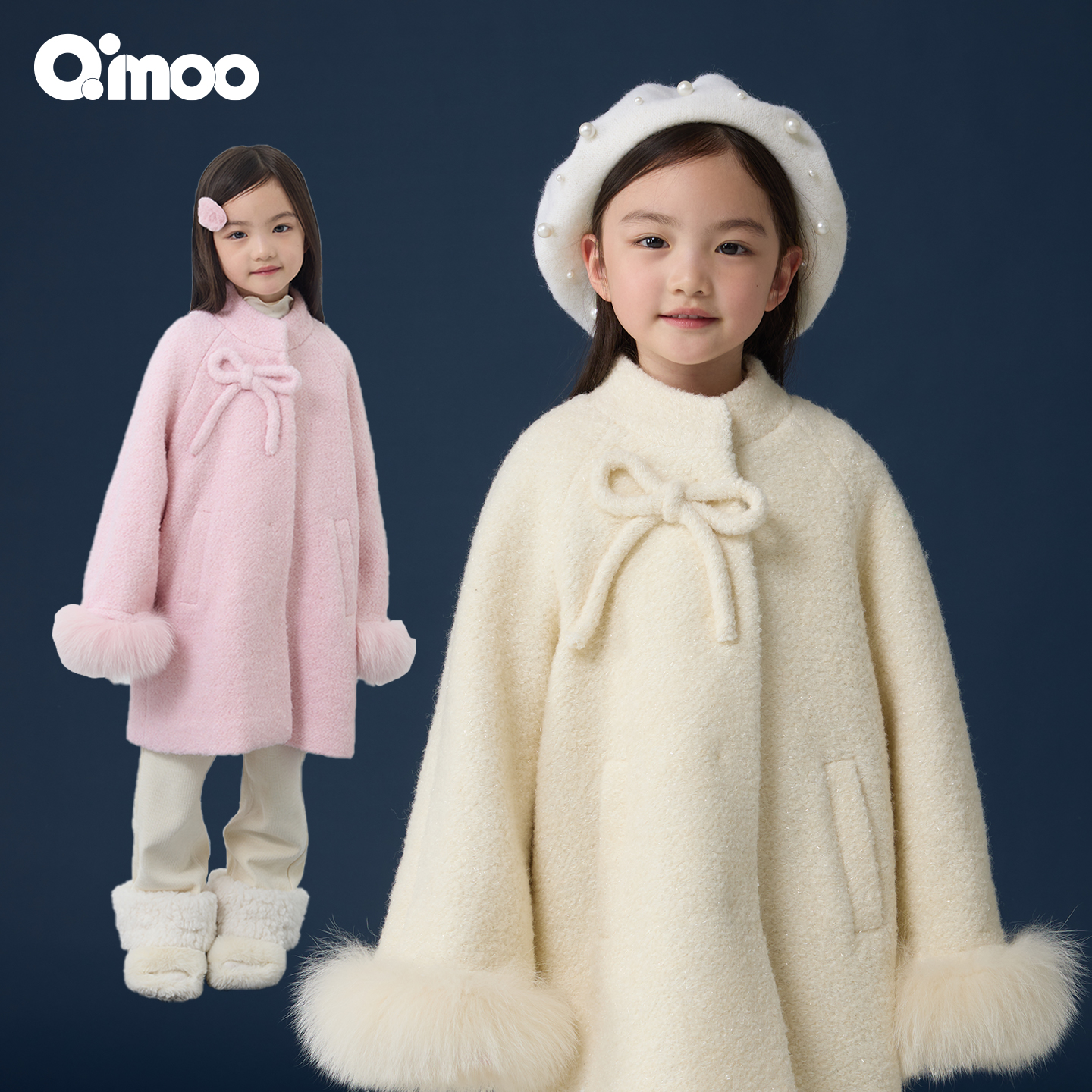 Qimoo/淇木25年冬季公主风加绒洋气纯色加厚圆领呢大衣QSS4DW132A