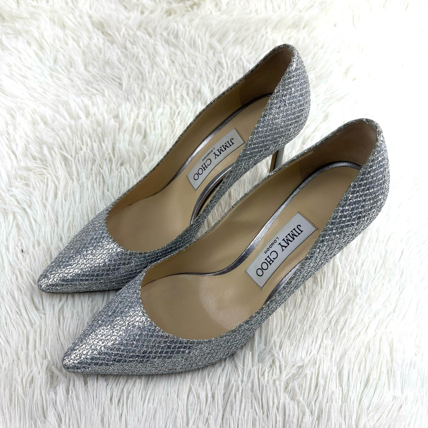 99新 JIMMY CHOO/吉米周 银色亮片高跟鞋 37码 咩