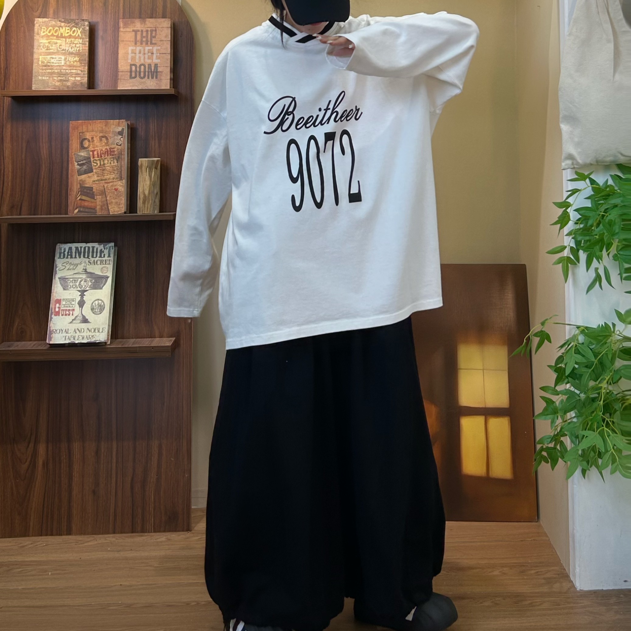 秋季新款宽松休闲百搭慵懒风V领长袖T恤3018