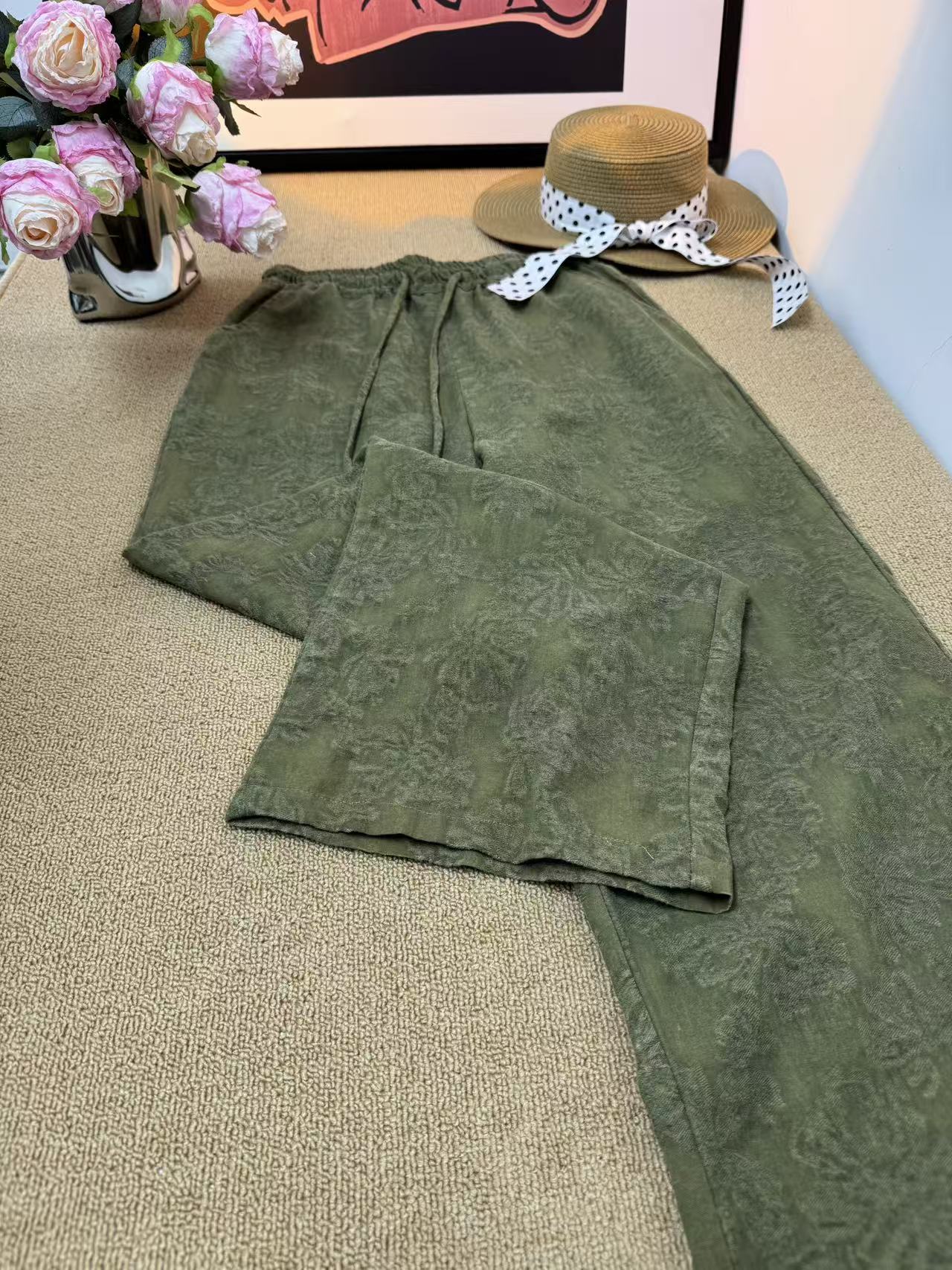 25新款提花100%亚麻高腰复古中式直筒裤显瘦休闲风绿色