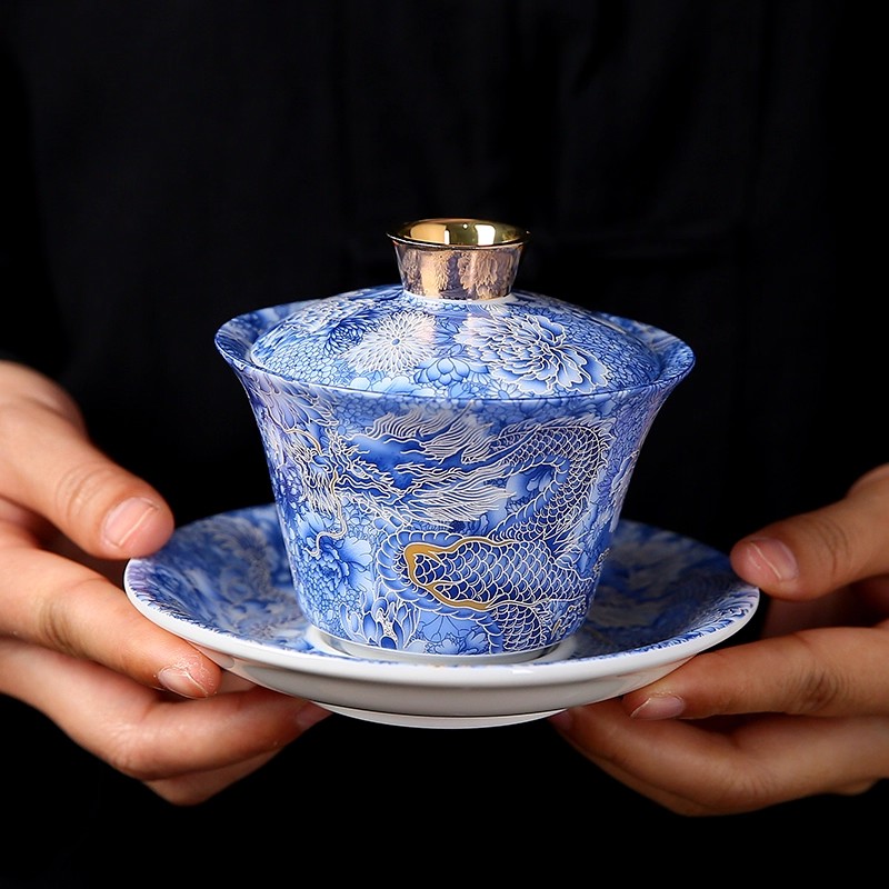 羊脂玉掐丝银龙三才盖碗陶瓷高档中式悬停旋转功夫茶具泡茶碗0859
