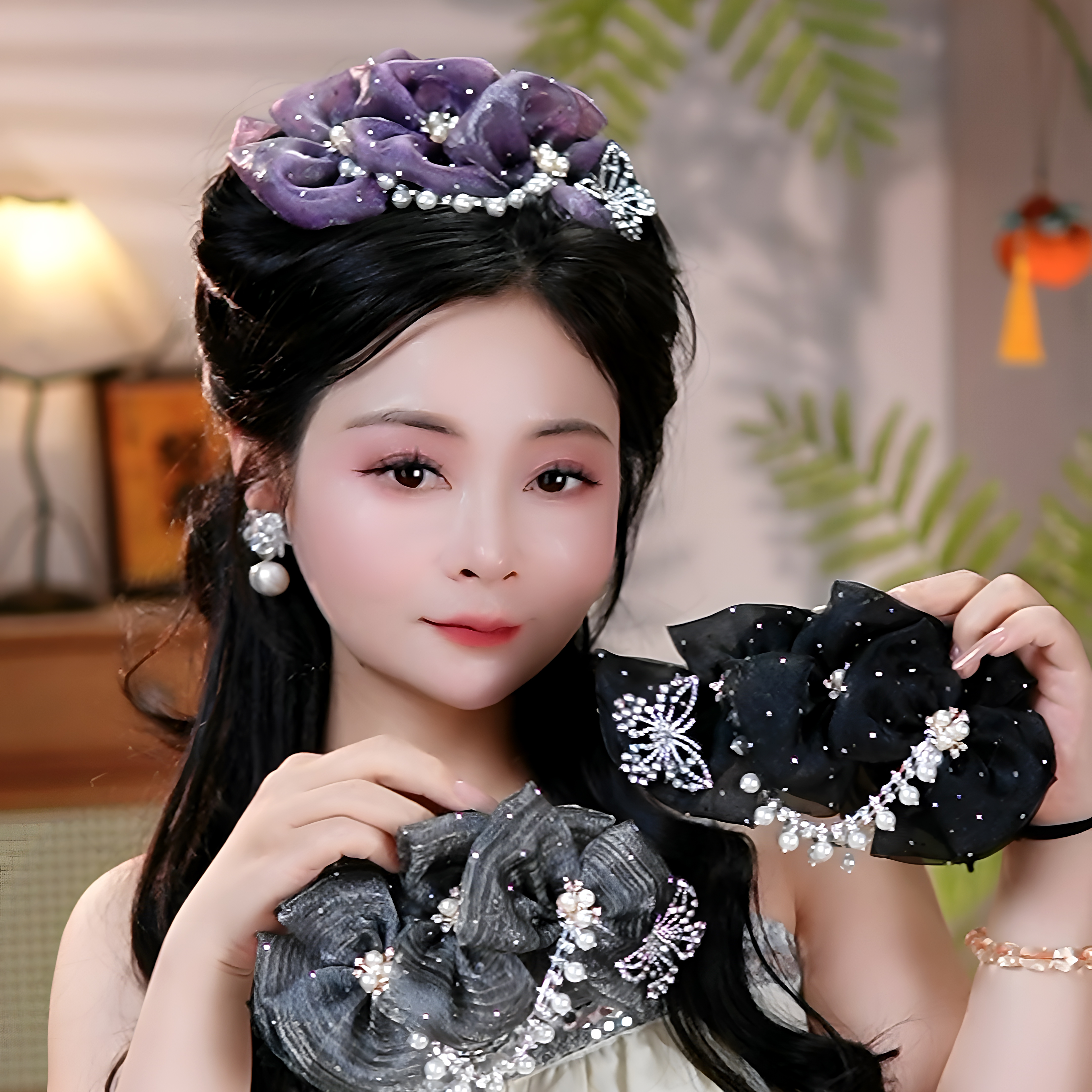 （贵族千金）星闪蝴蝶结串珠抓夹时尚百搭高级感鲨鱼夹气质头饰发夹