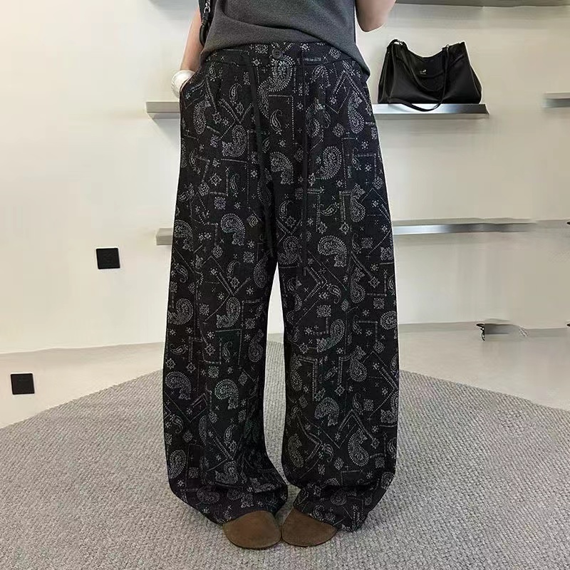 秋季韩版高腰印花阔腿裤女宽松百搭显瘦休闲长裤