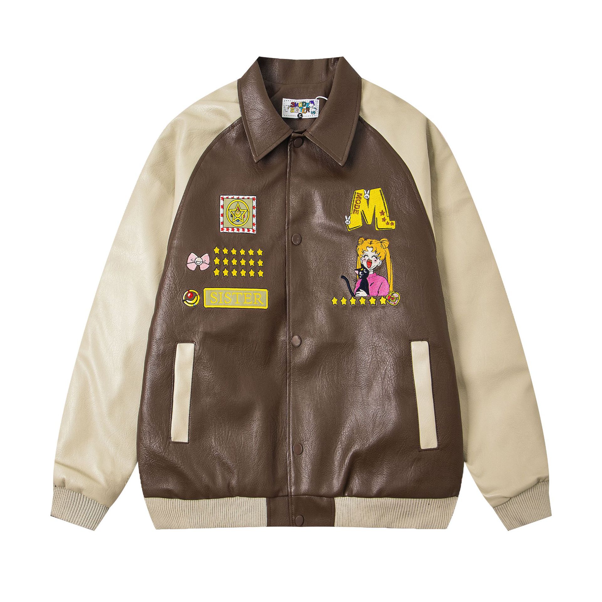 美式复古美少女战士PU皮教练夹克冬季保暖防风棒球服外套