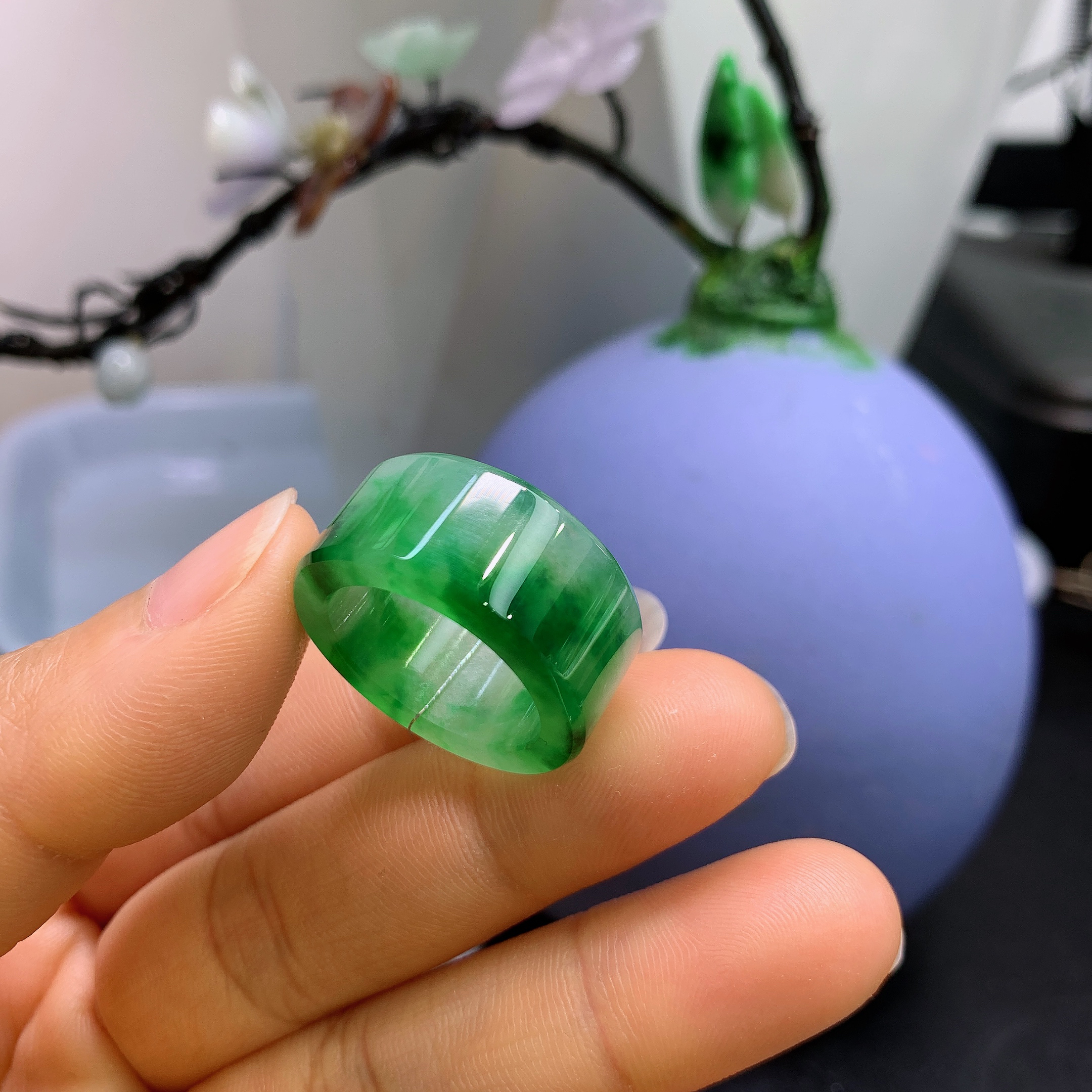 15-17圈口缅甸天然翡翠A货冰飘辣绿宽版方戒戒指A872#