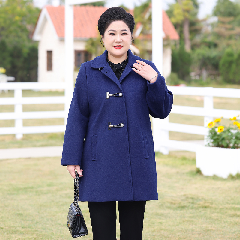 时尚大码胖妈妈秋冬毛呢外套黑色气质宽松大码外套时尚气质中长款