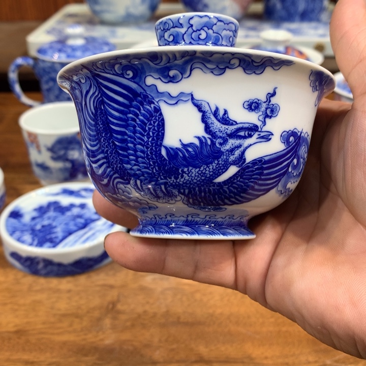 自成堂柴窑青花龙凤盖碗