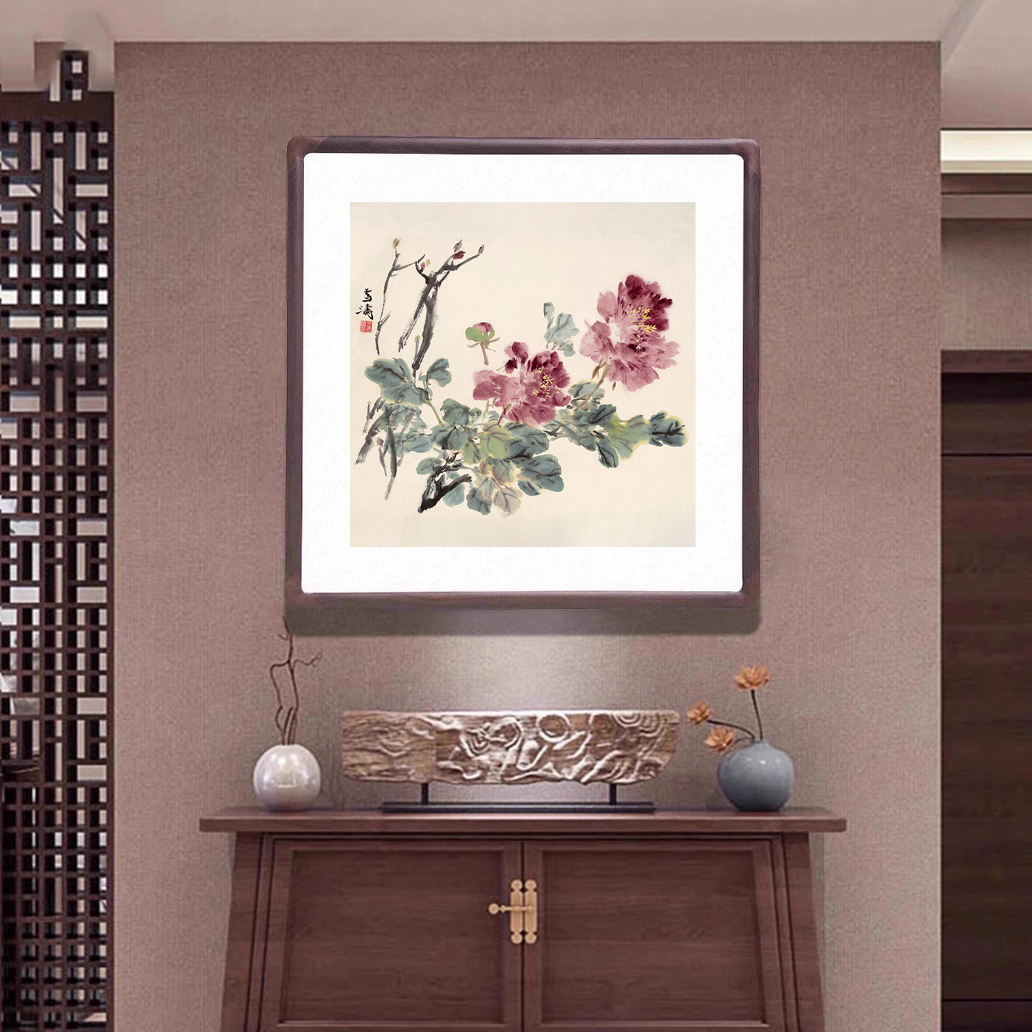 牡丹花挂画斗方字画国色天香新中式客厅玄关装饰画办公室卧室壁画