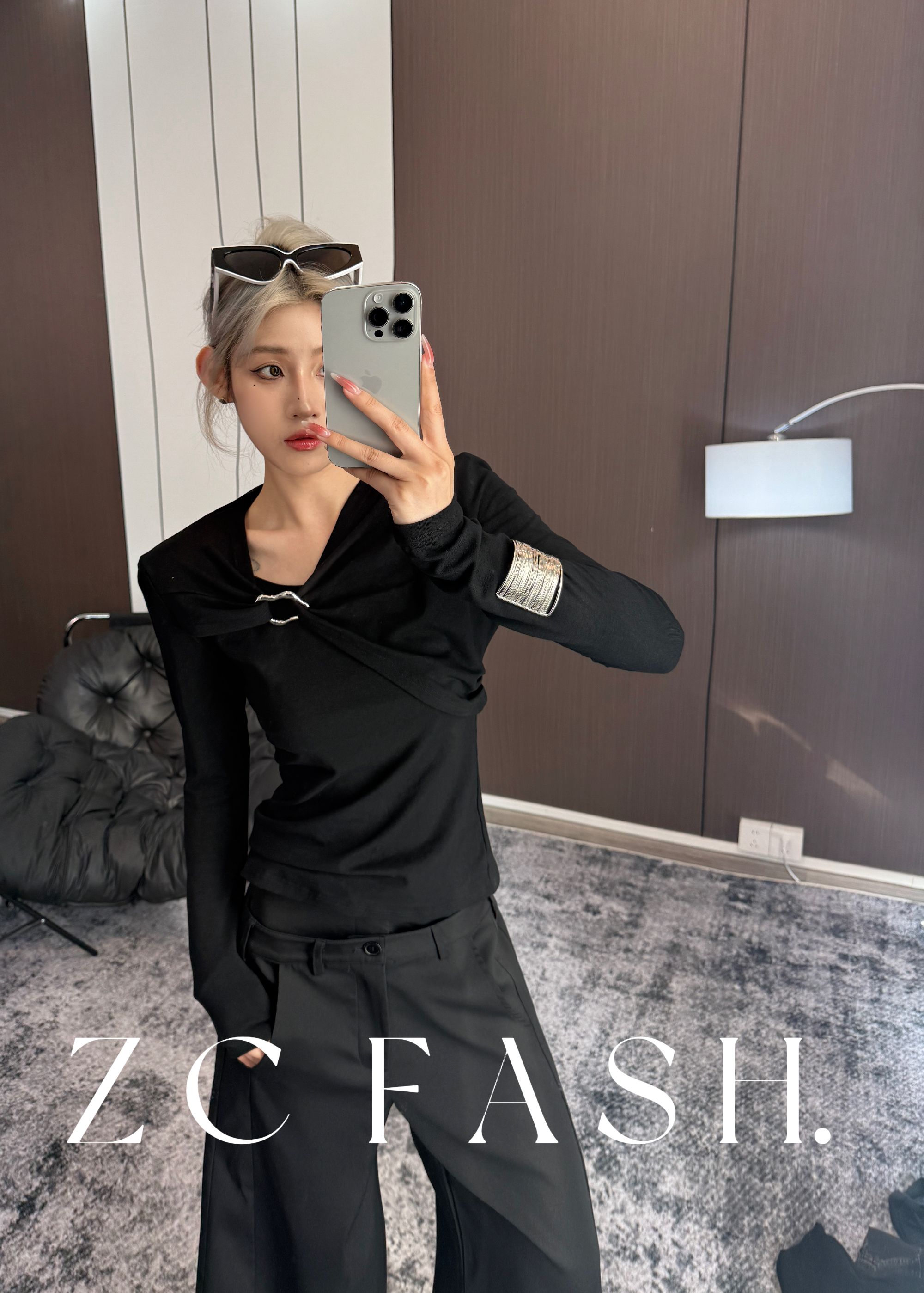 ZC-小众扣环不规则长袖T上衣-S169