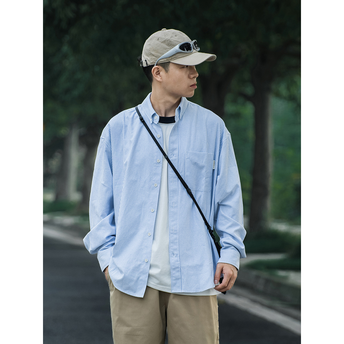 CityBoy日系廓形条纹复古长袖衬衫男春季宽松休闲叠穿衬衣外套