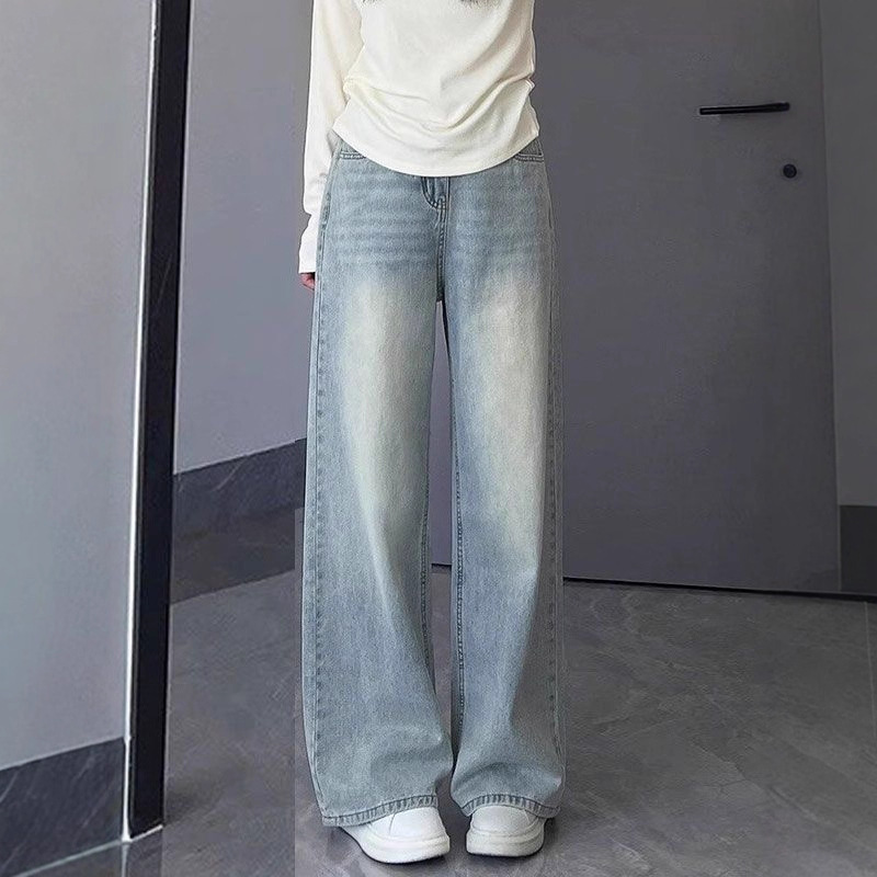 浅色阔腿牛仔裤显瘦梨型身材粗腿宽胯大码胖mm女生裤子韩系慵懒风