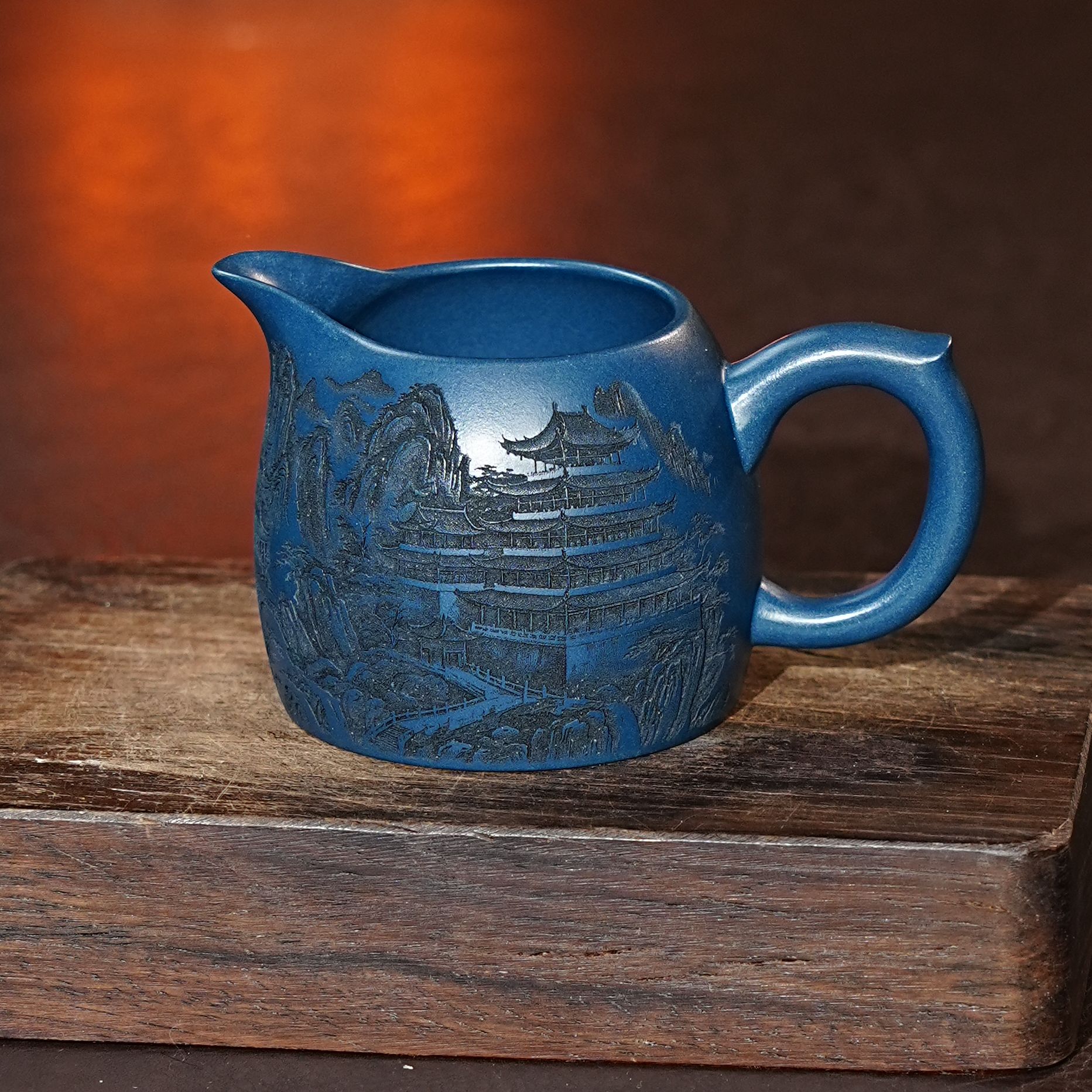 【9063山水公道杯】宜兴原矿紫砂全手工刻绘山水茶器公道杯茶具