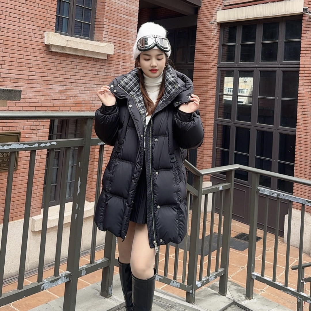 9912棋盘格中长拉链ins中长款百搭女装连帽