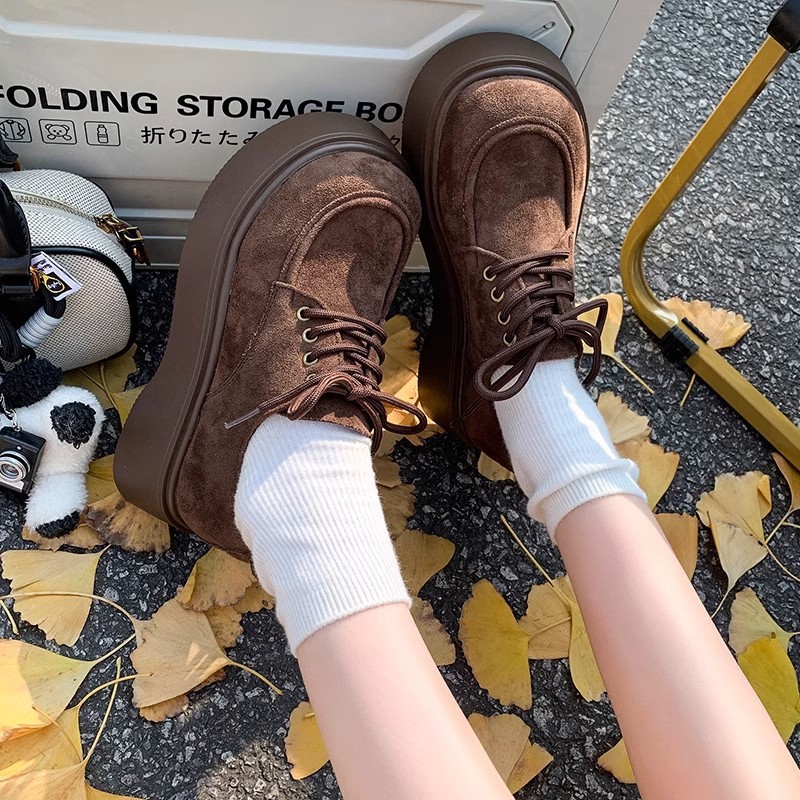 【福利】耐磨纯色乐福鞋春季圆头英伦风学院风系带厚底胶粘