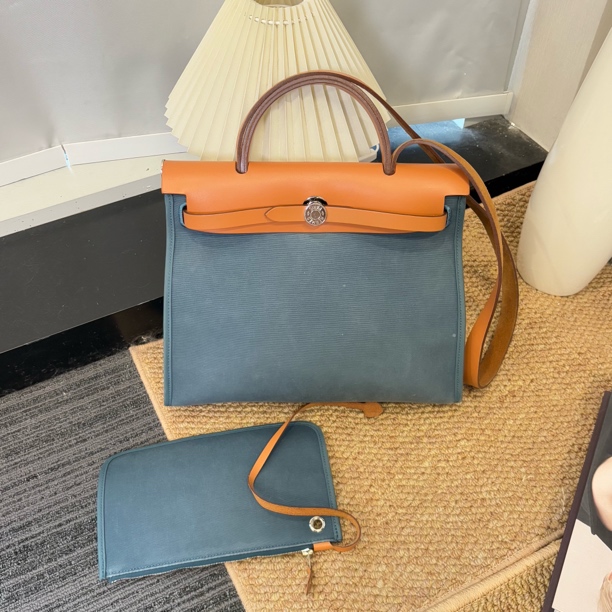 95新 Hermes/爱马仕 雾霾蓝拼色 31herbag 手提斜挎包