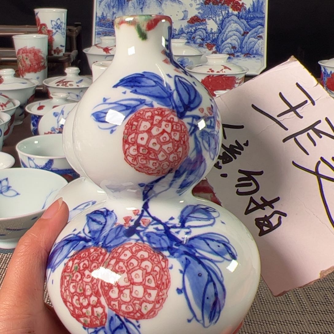 杯原矿青花釉里红瓷器