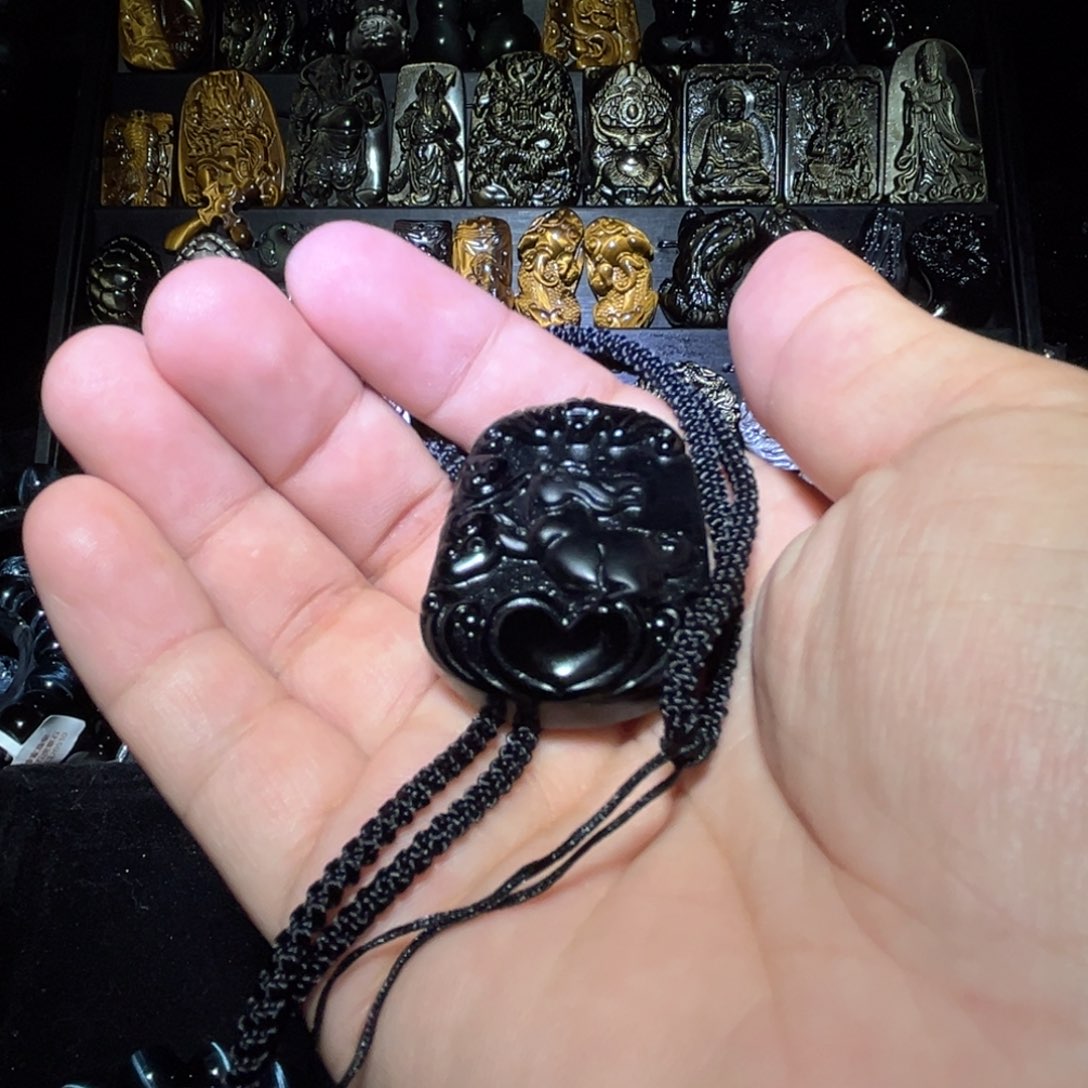 未镶嵌黑曜岩手链老*天然乌金黑曜石十二生肖老鼠吊坠