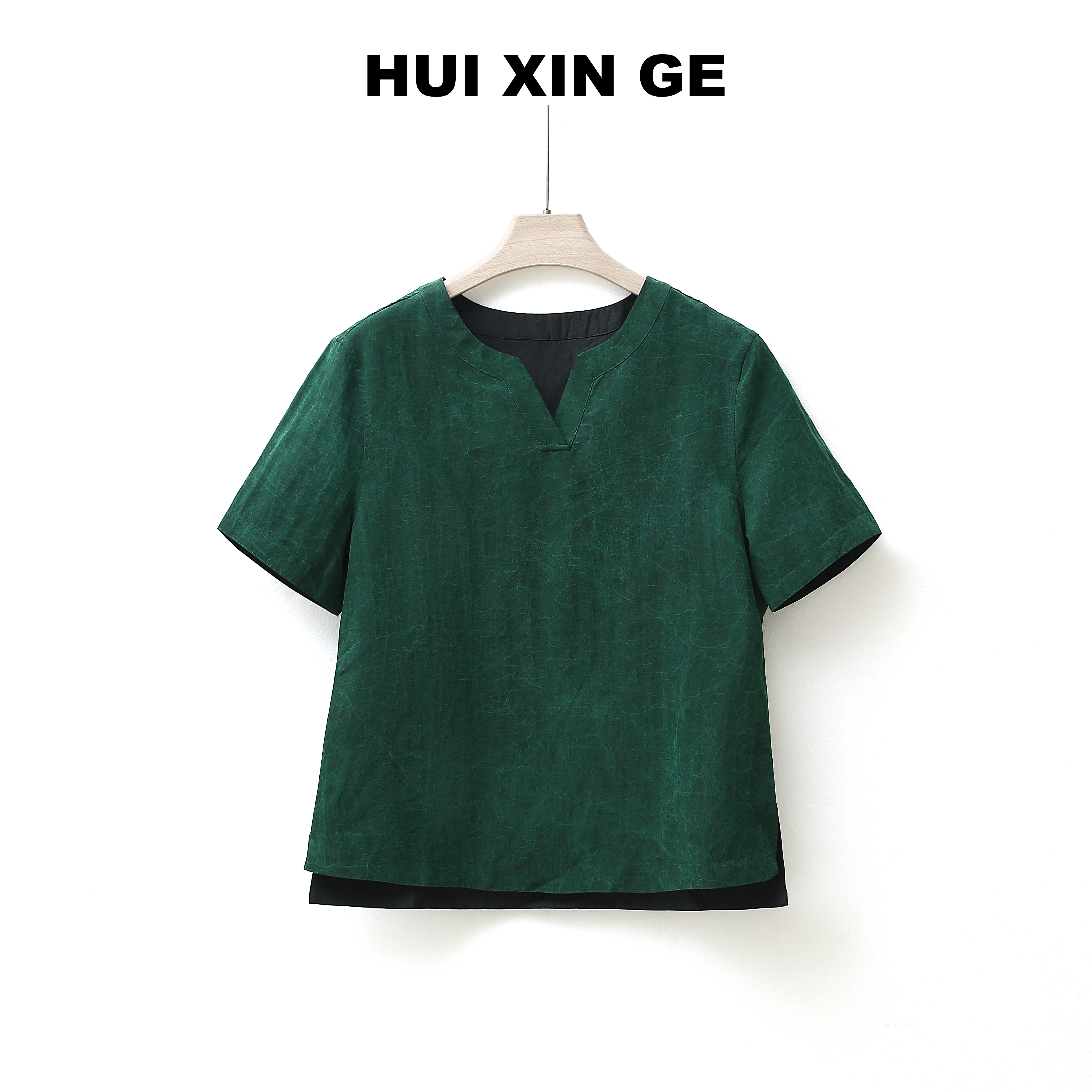 HUIXINGE 徽歆阁高定100%桑蚕丝龟裂纹双面穿透彩V领短袖女款上衣