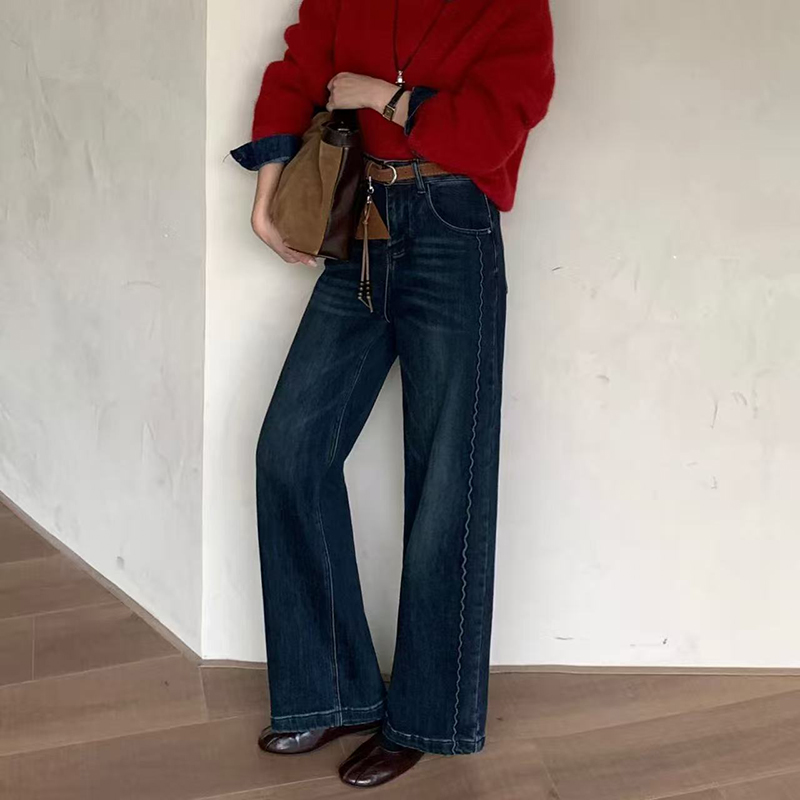 秋冬季新款加绒植绒直筒窄版阔腿裤女显瘦百搭弹力牛仔裤