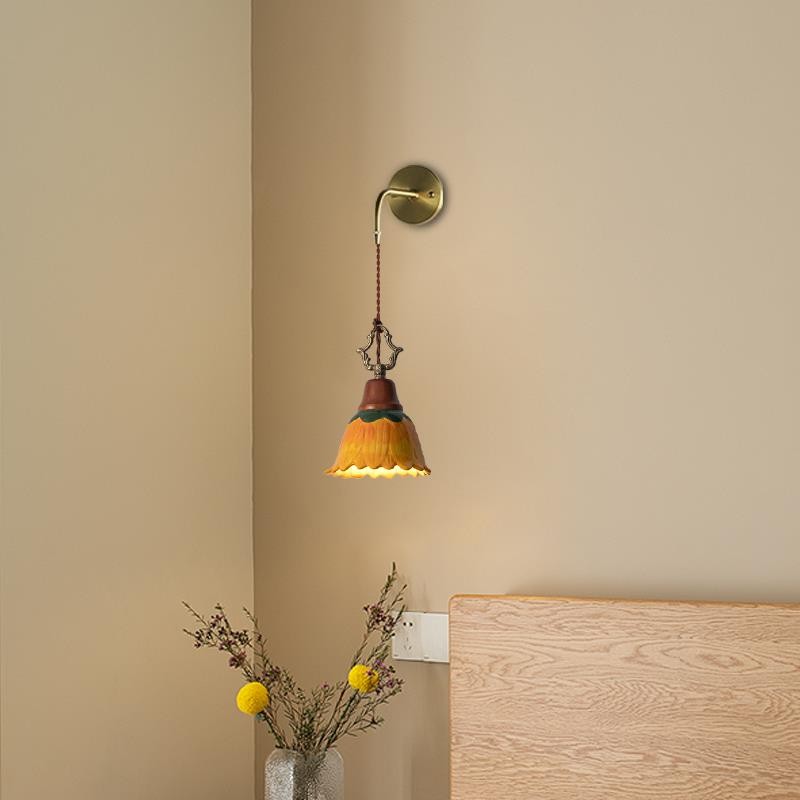 中古风卧室床头壁灯全铜南瓜灯日式覆古陶瓷灯法式田园玄关小壁灯
