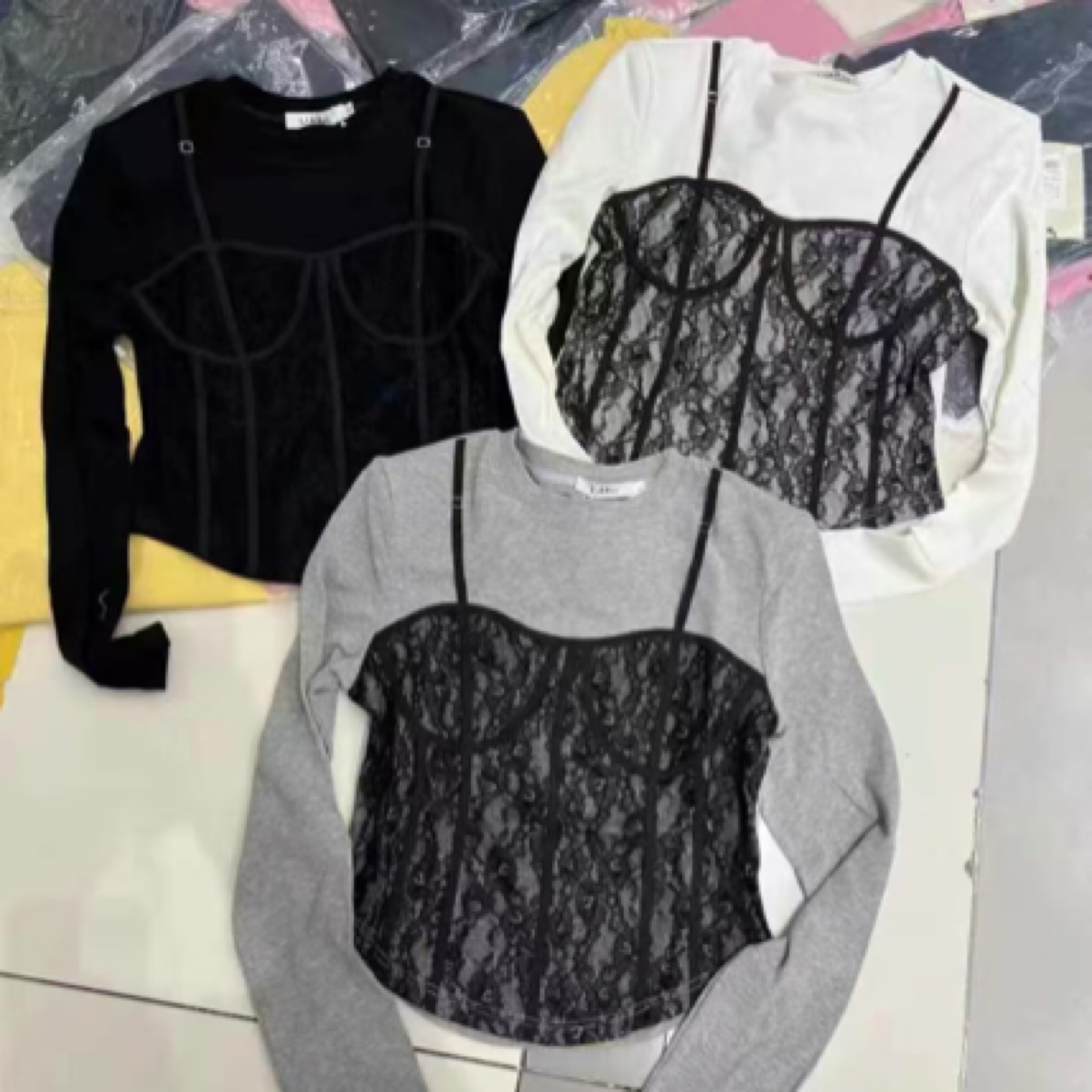欧货圆领蕾丝吊带叠穿T恤假两件打底衫