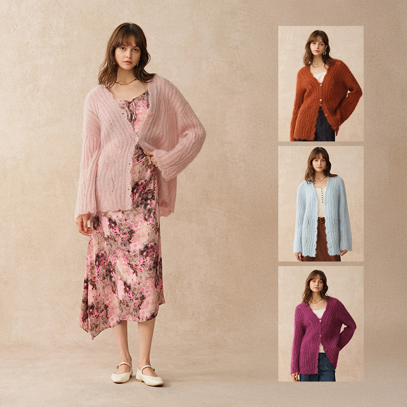 Fabrique Aki【四色】秋冬新品马海毛绞花宽松法式复古针织开衫