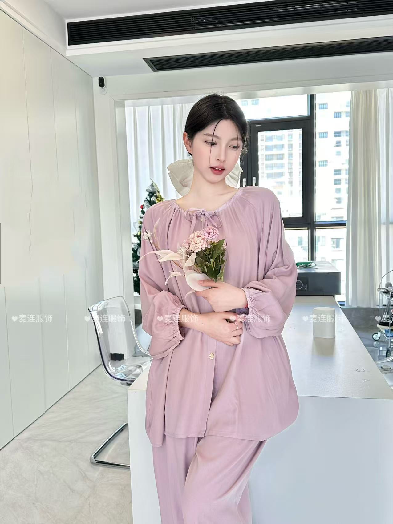 紫丁香花园棉绸家居服外穿空调服网红套装人造棉大版休闲运动睡衣