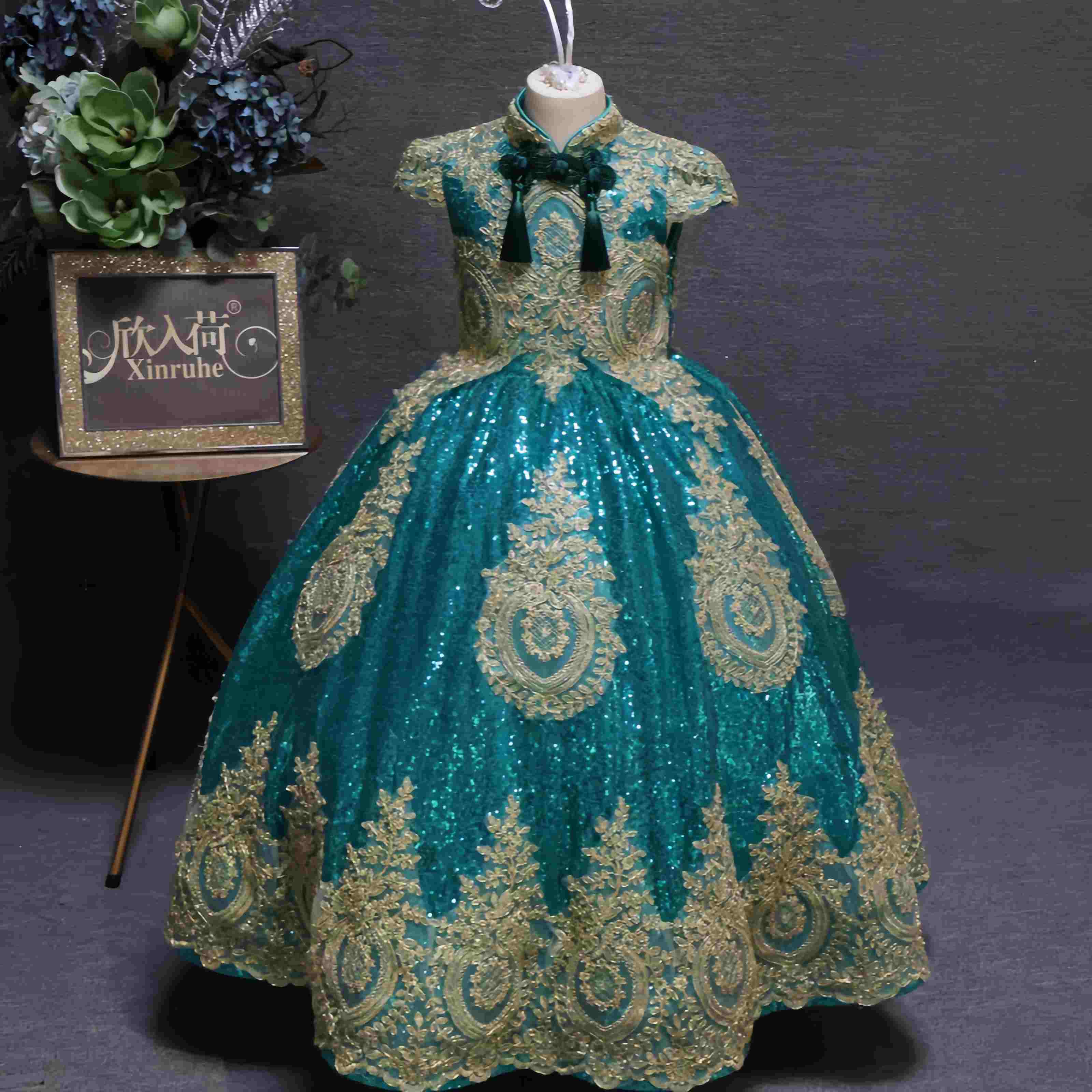 欣入荷红绿色主持人蓬蓬裙女童钢琴洋气生日模特走秀演出晚礼服