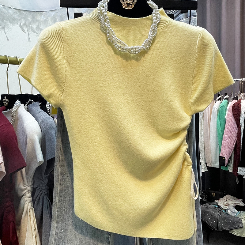 线下69，短袖立领休闲风毛针织衫纯色侧边抽绳显瘦简约时尚女装