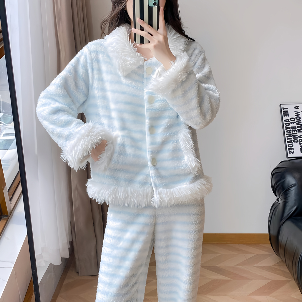 秋冬长袖加厚睡衣套装【奶糖】舒棉绒条纹居家甜美带口袋可外出ins