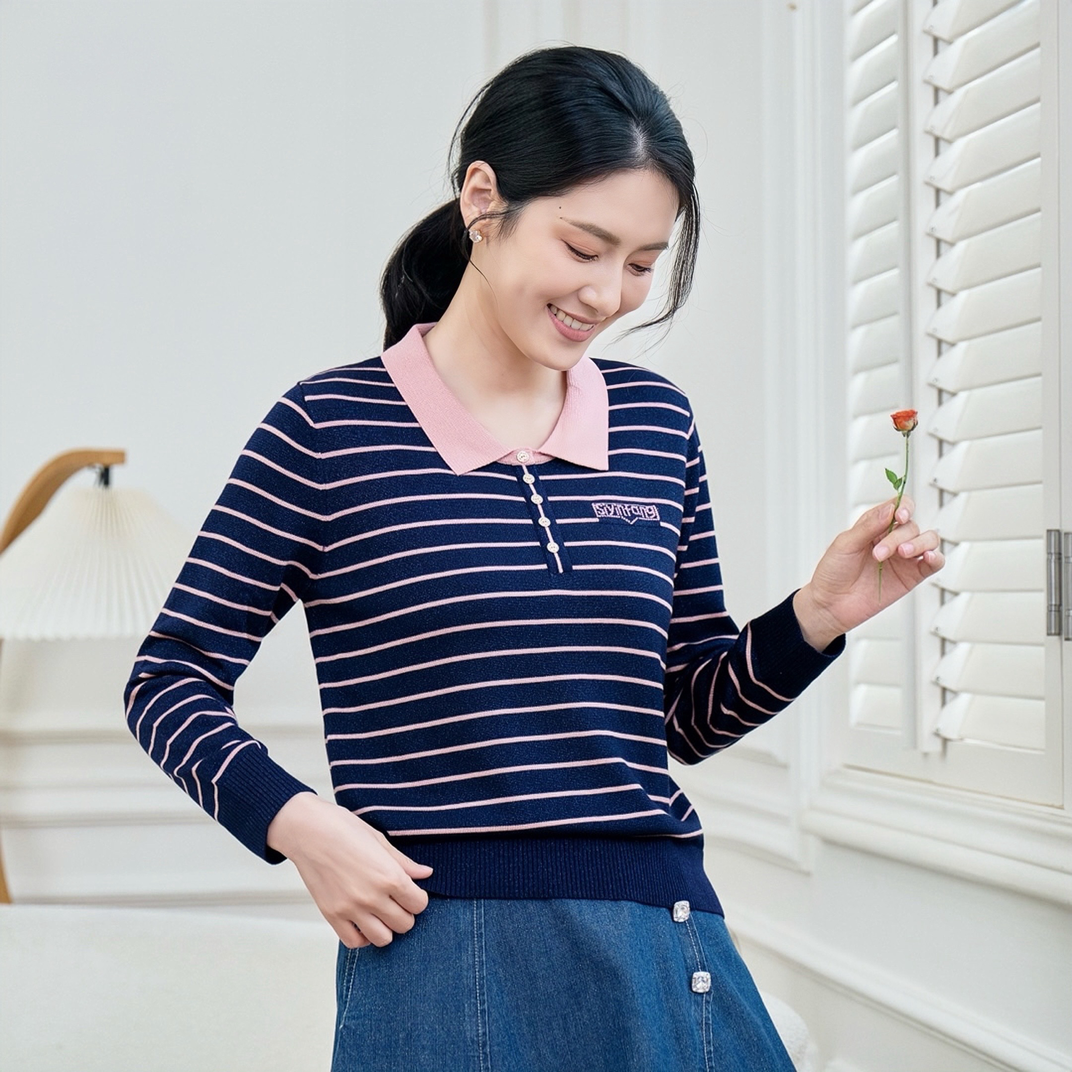 【高档天丝上衣】妈妈装翻领莱赛尔天丝长袖时尚百搭1249