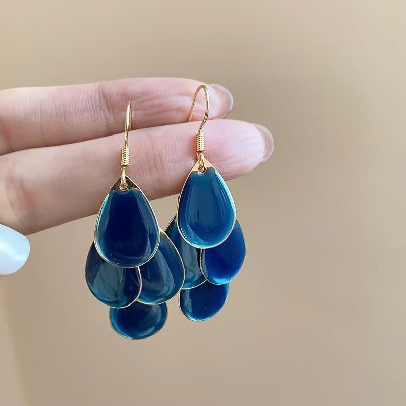 合金耳饰 蓝色滴釉水滴叶片流苏耳环