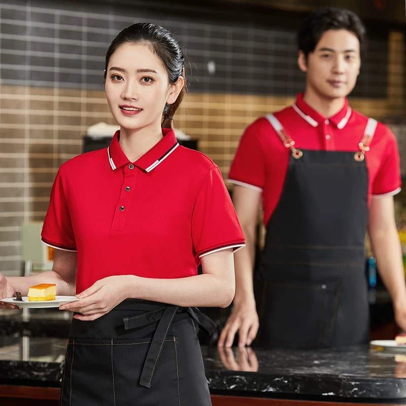 餐饮服务员T桖衫工作服短袖圆领烧烤店夏季薄款翻领POLO衫快餐店