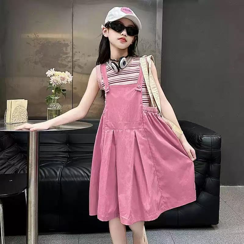 506250  韩版休闲夏款女童休闲舒适时尚洋气夏季条纹两件套连衣裙