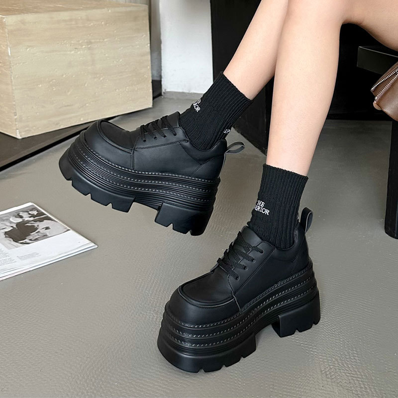 黑色皮面厚底系带皮鞋女2025春秋新款小个子松糕厚底增高8cm单鞋