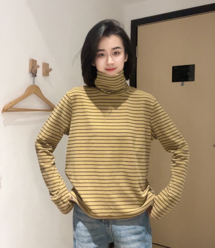 休闲简约条纹拼接女厚款保暖绒衫打底双面绒高领打底上衣7658-3