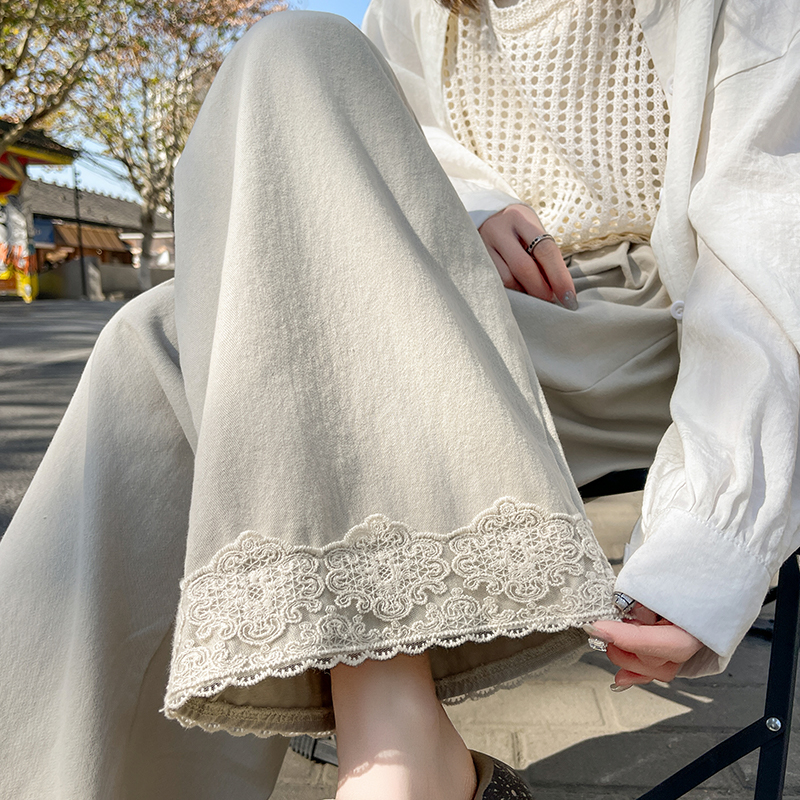 大码胖mm蕾丝花边拼接九分阔腿裤女秋季设计感百搭显瘦遮肉休闲裤