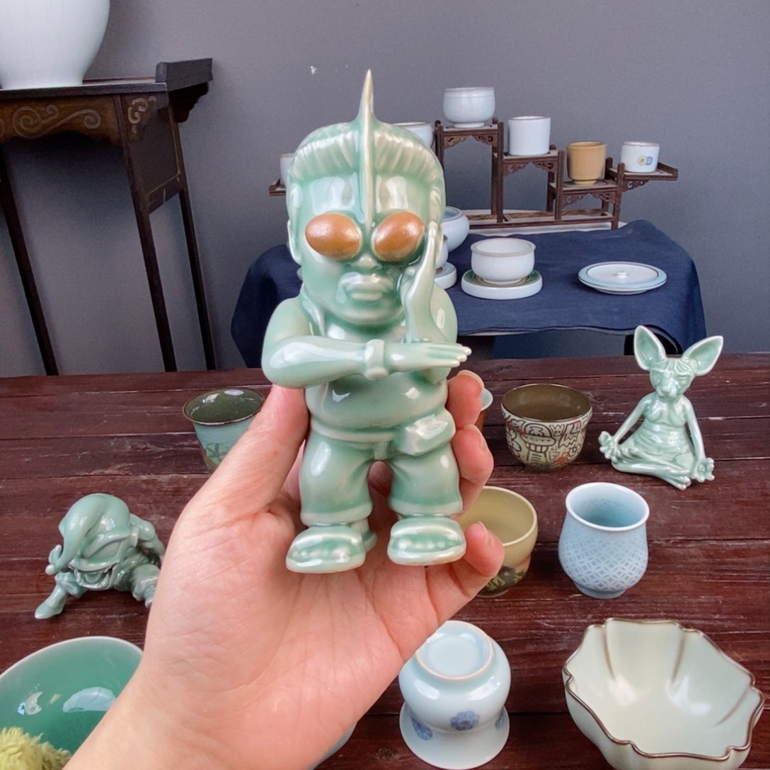 朱砂胎梅子青茶宠摆件不开片