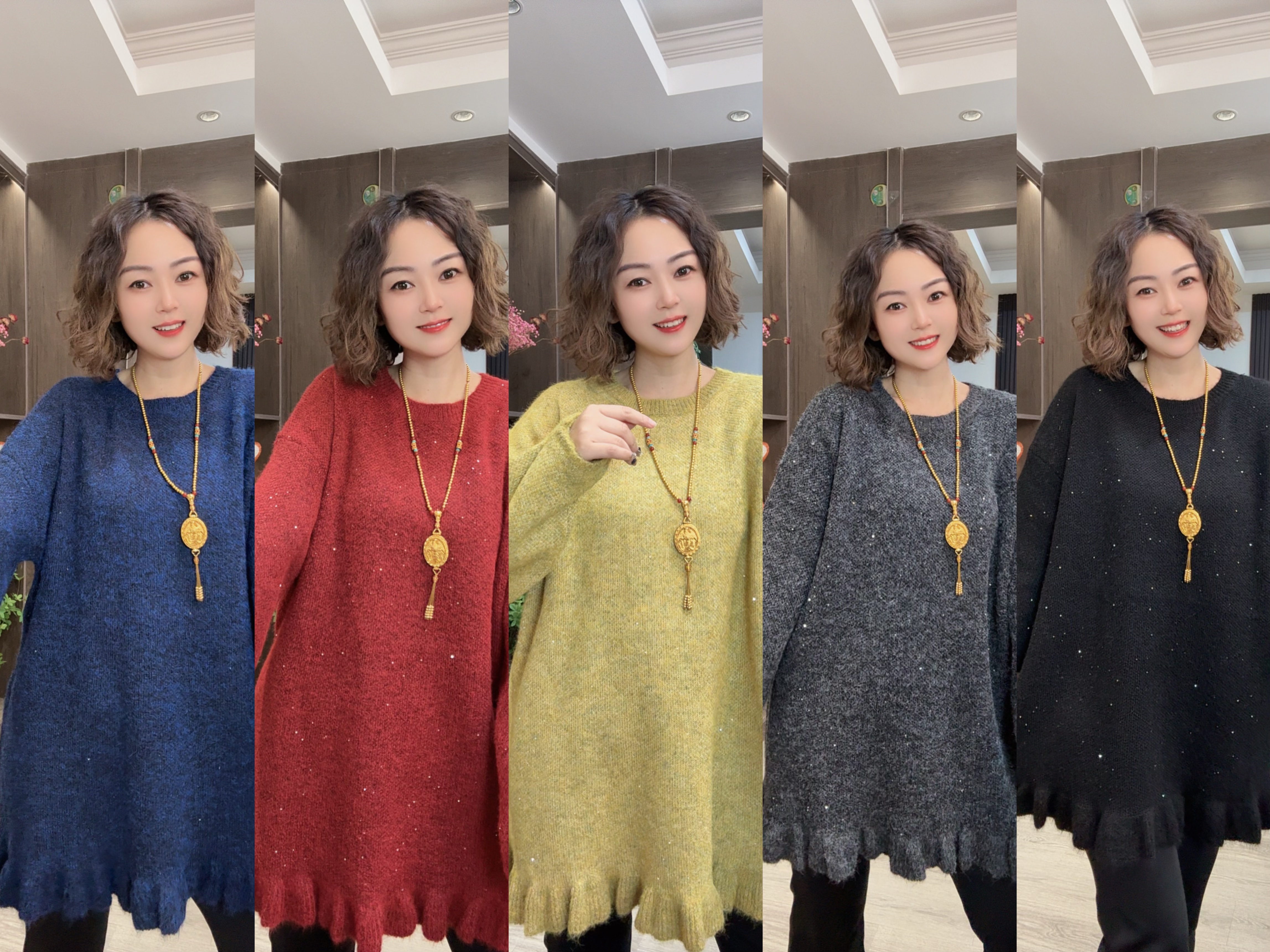 【木耳花边2165】闪闪厚实宽松休闲大版时尚毛织衫中长款冬款上衣