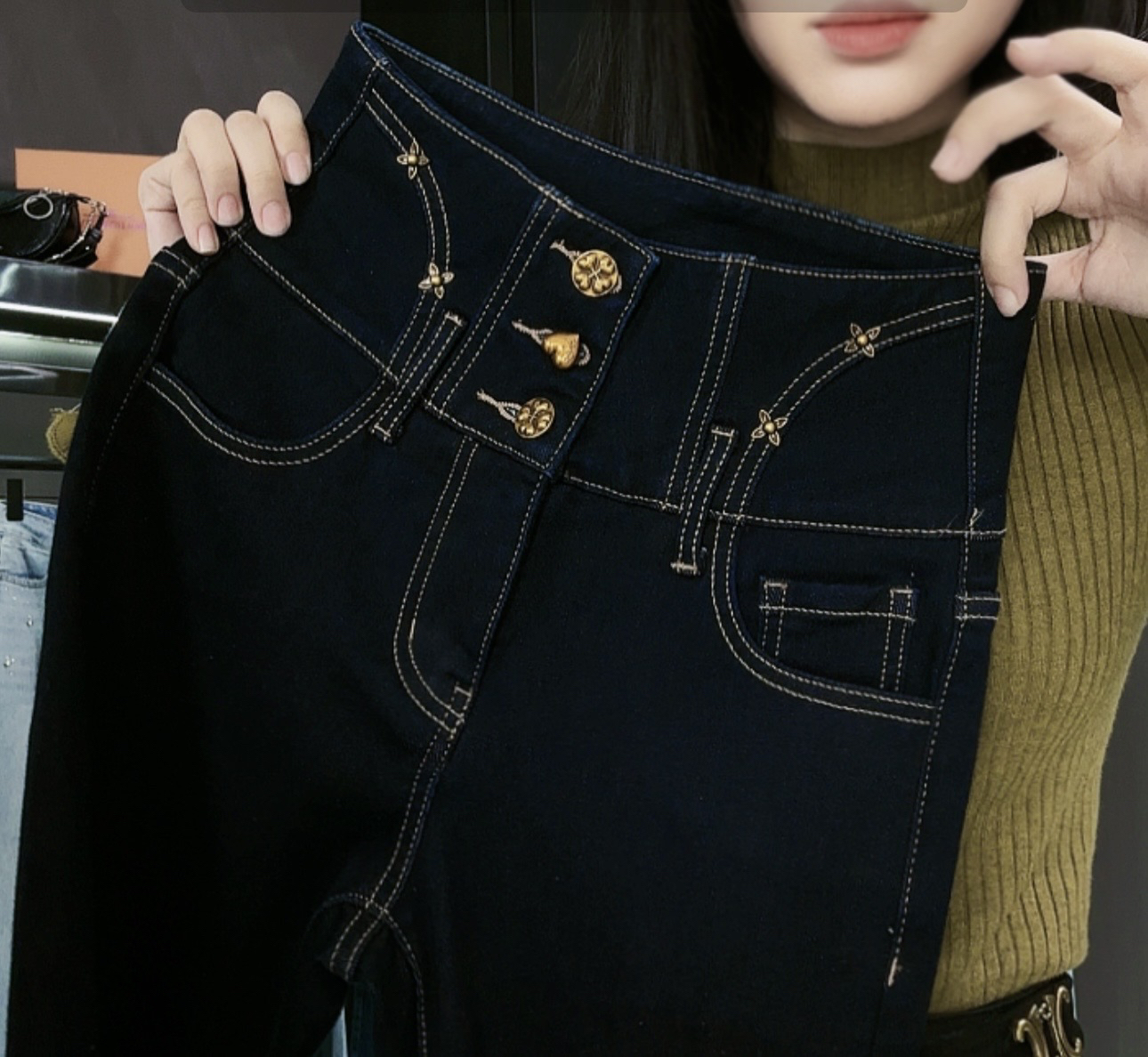 蓝色秋冬高腰弹力高级显高显瘦百搭紧身加绒修身舒适小脚牛仔裤