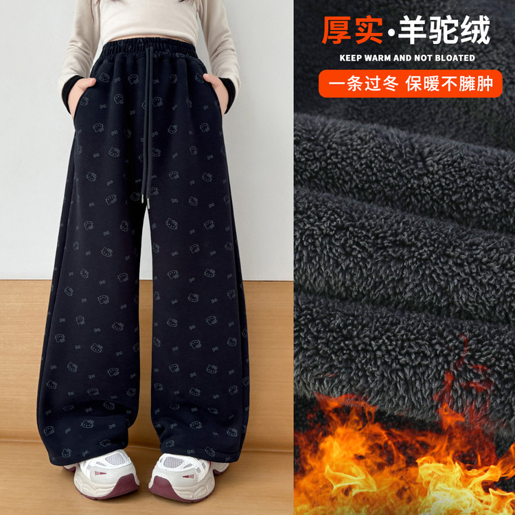 裤子休闲冬季卡通动漫女童中大童宽松加绒加厚保暖