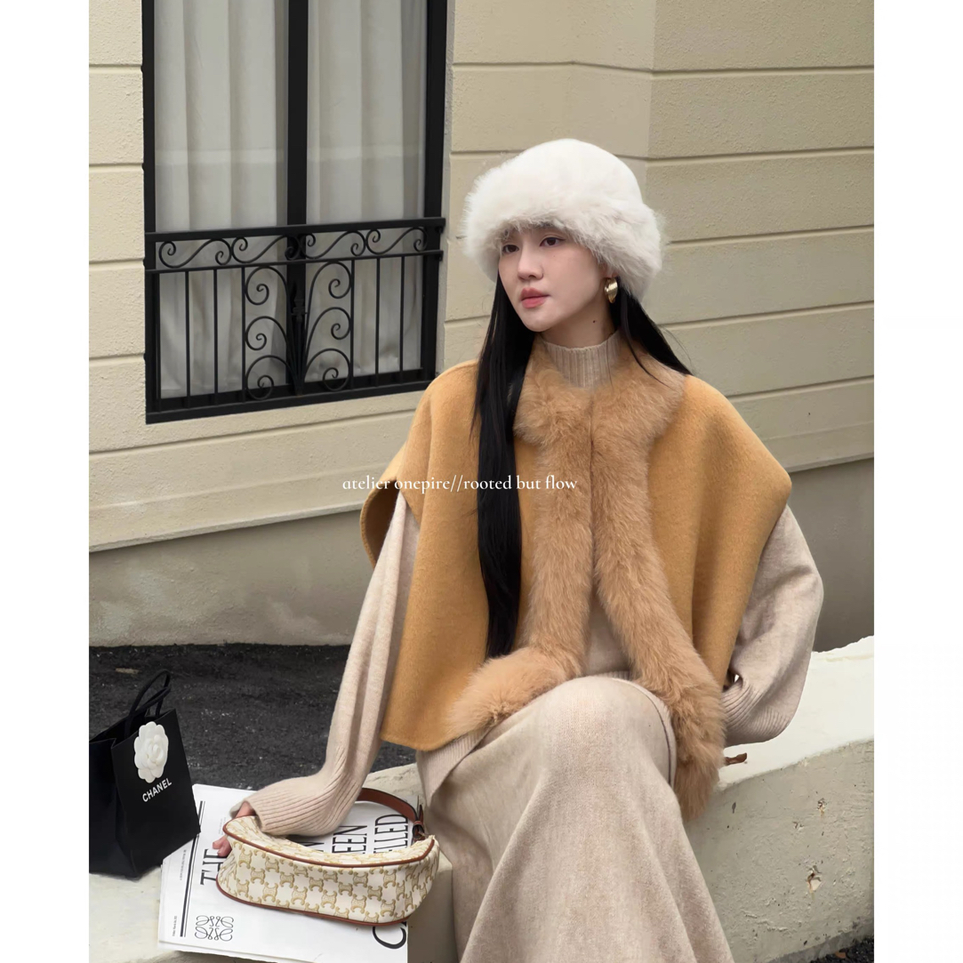 千金风厚款七分袖女士毛呢狐狸毛呢外套气质冬季女皮大衣秋冬