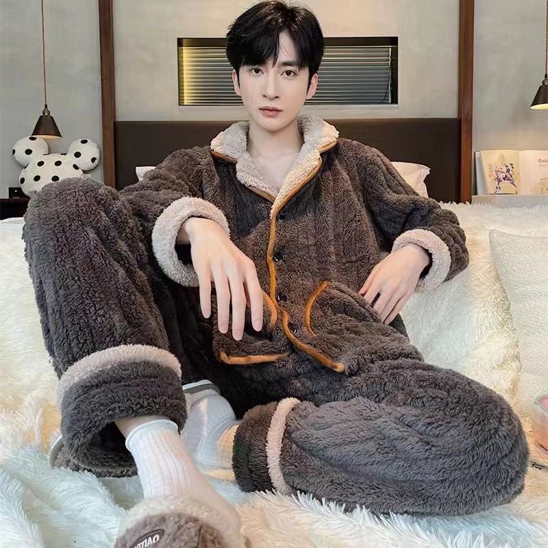 清仓福利】舒眠绒睡衣抽条加绒保暖男可外穿家居套装92269