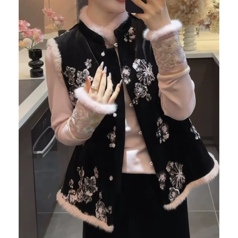 新中式国潮风时尚气质两件套女冬季新款轻奢重工刺绣马甲小衫两件