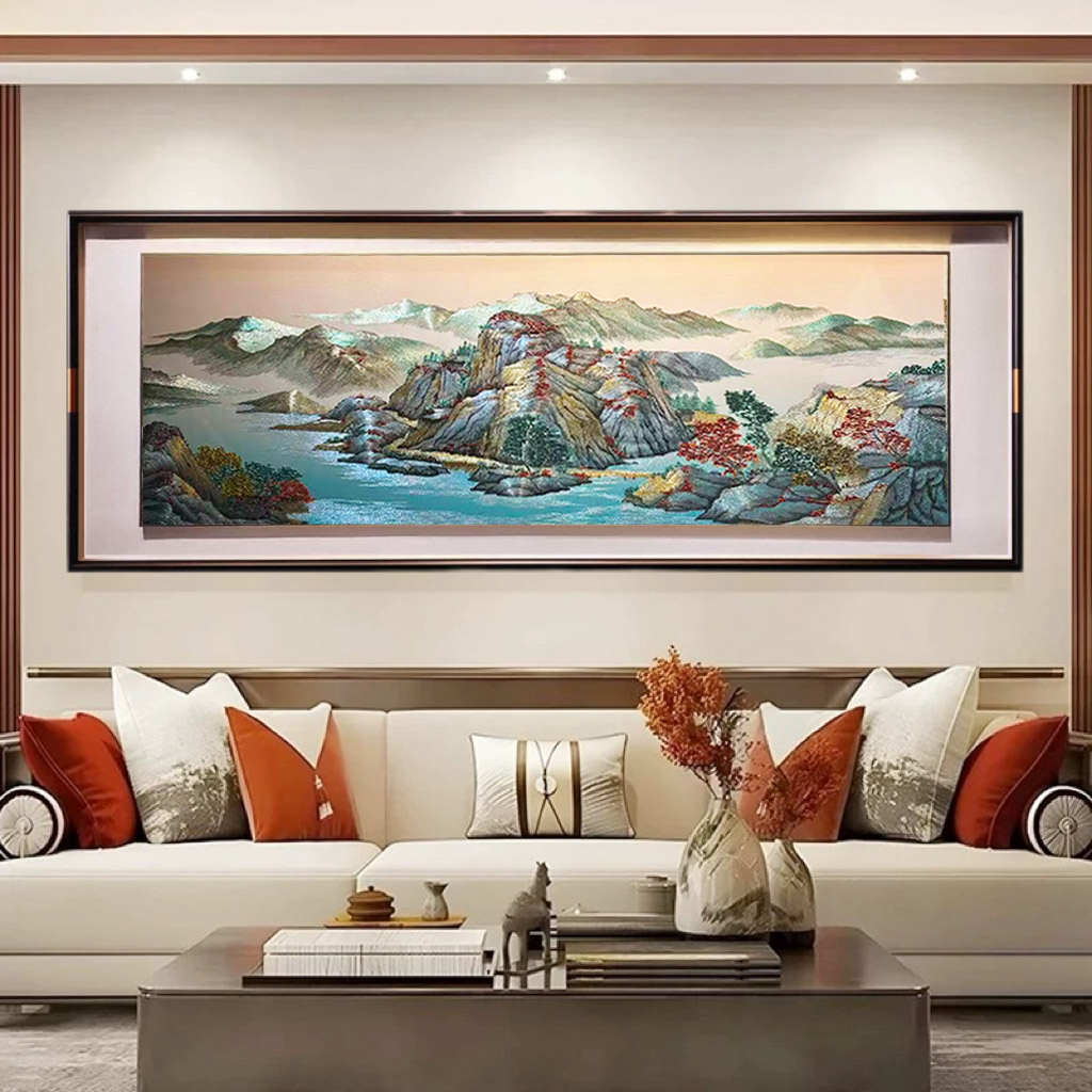 新中式刺绣大幅山水装饰画客厅沙发背景墙挂画