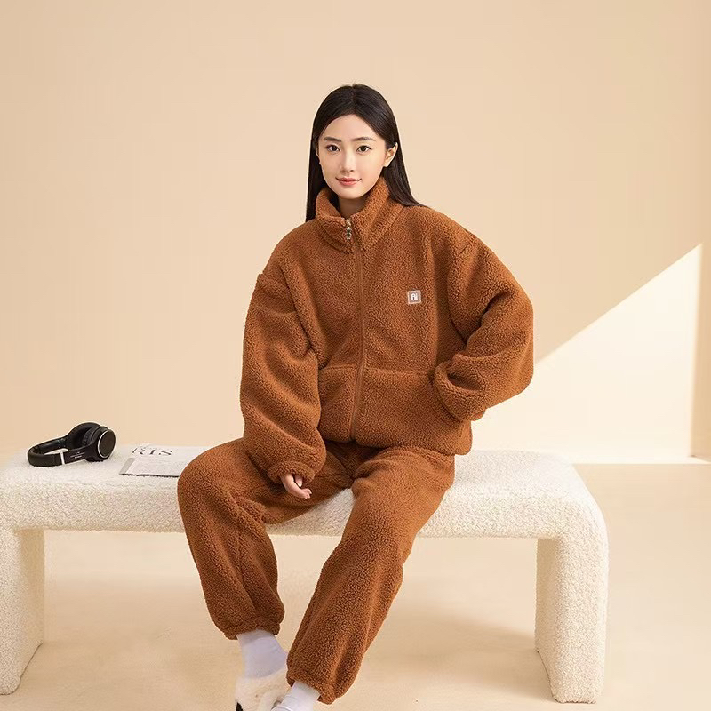 摇粒绒立领拉链情侣款加绒加厚保暖可外穿冬季家居服时尚休闲套装