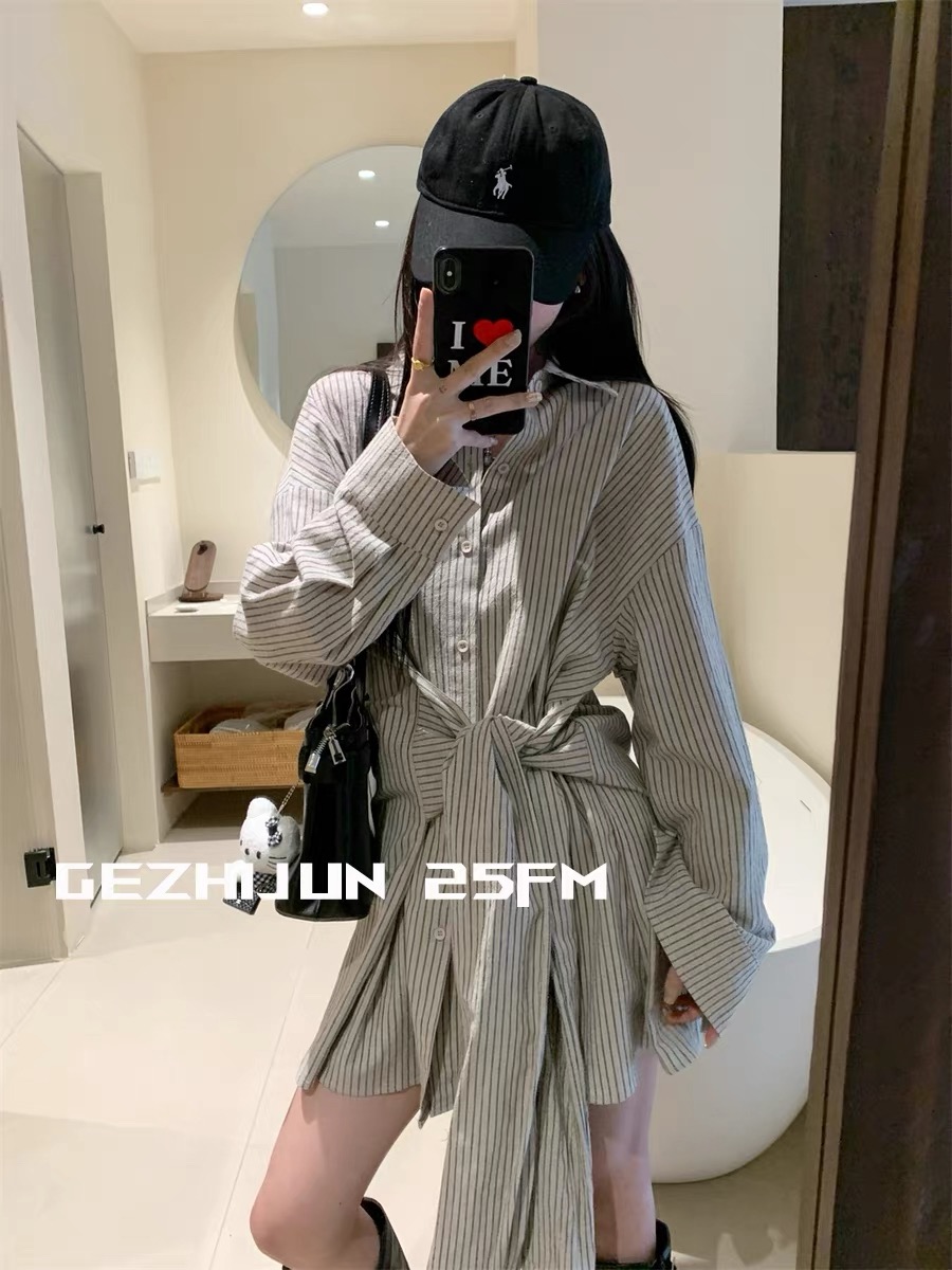 Polo领格纹长袖衬衫连衣裙女早秋复古设计感宽松休闲绑带收腰短裙