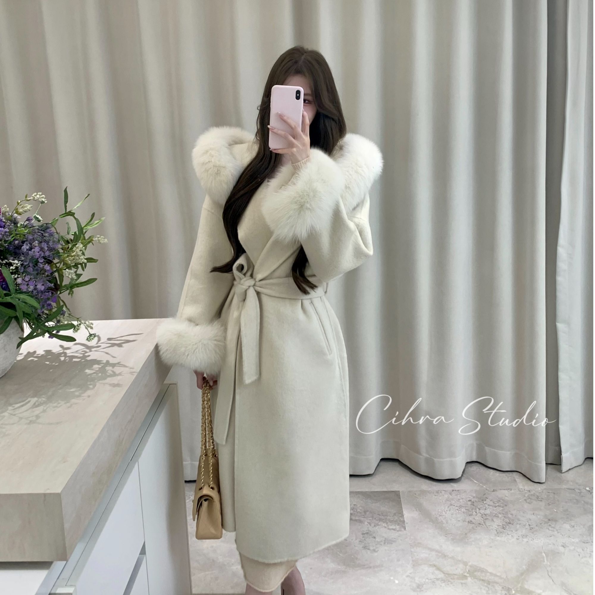 Cihra2店【自觉矜贵】羊毛狐狸毛领连帽可拆卸系带大衣外套