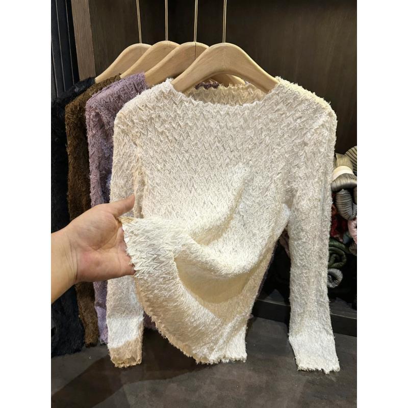 三宅褶皱秋冬新款提花长袖针织圆领设计长袖打底打底衫