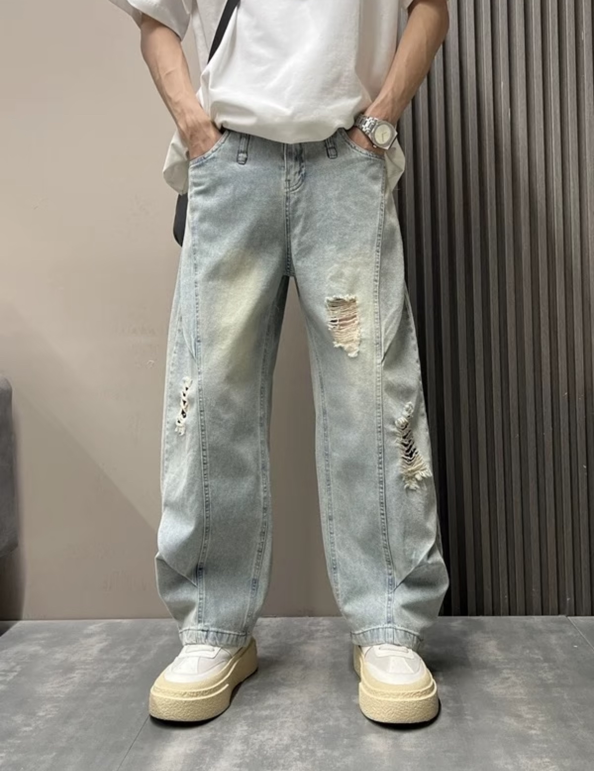 男士休闲裤蓝色直筒时尚水洗弹力舒适宽松潮流设计师春夏夏季百搭